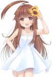  :3 :d ahoge alternate_costume brown_eyes brown_hair casual collarbone commentary_request dress fang flower highres jewelry kantai_collection ko_yu kuma_(kantai_collection) long_hair looking_at_viewer open_mouth ring simple_background smile solo spaghetti_strap standing standing_on_one_leg sundress sunflower wedding_band white_background white_dress 