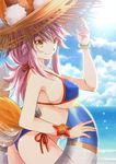  animal_ears ass bad_id bad_pixiv_id bikini blue_bikini breasts day ears_through_headwear fate/extra fate/extra_ccc fate/grand_order fate_(series) fox_ears fox_tail hat highres iroha_(shiki) large_breasts long_hair looking_at_viewer ocean outdoors pink_hair sideboob solo straw_hat sun_hat swimsuit tail tamamo_(fate)_(all) tamamo_no_mae_(fate) tamamo_no_mae_(swimsuit_lancer)_(fate) yellow_eyes 