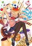  black_legwear blonde_hair blue_eyes blue_skirt blueberry blush butterfly_hair_ornament candy candy_cane cherry doughnut eyebrows_visible_through_hair food fruit hair_ornament hairclip hat long_hair looking_at_viewer mamemena parted_lips saratoga_(zhan_jian_shao_nyu) skirt thighhighs whisk white_hat zhan_jian_shao_nyu 