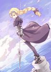  armor black_bow blonde_hair blue_eyes blue_legwear bow braid breasts closed_mouth eyebrows_visible_through_hair fate/apocrypha fate/grand_order fate_(series) hair_bow hangyaku_no_kusaichigo headpiece highres holding holding_spear holding_weapon jeanne_d'arc_(fate) jeanne_d'arc_(fate)_(all) large_breasts long_hair looking_away polearm solo spear thighhighs weapon 