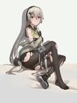  bangs black_legwear blush breasts cleavage closed_mouth commentary_request frown girls_frontline grey_hair hair_between_eyes hand_on_own_chest hand_up headphones highres holster jacket jiachong_jun_z long_hair looking_at_viewer medium_breasts mg4_(girls_frontline) pantyhose pout sailor_collar shoes silver_hair single_shoe sitting skindentation solo thigh_holster thighs torn_clothes torn_legwear very_long_hair 