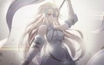  ahoge arm_up backlighting bangs banner bare_shoulders blonde_hair blue_eyes blurry breasts chain closed_mouth depth_of_field eyebrows_visible_through_hair fate/apocrypha fate_(series) fur_trim grey_background halterneck headpiece highres holding inho_song jeanne_d'arc_(fate) jeanne_d'arc_(fate)_(all) large_breasts lens_flare long_hair looking_at_viewer plackart smile solo sword vambraces very_long_hair weapon 