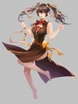  :o absurdres barefoot brown_dress brown_hair china_dress chinese_clothes double_bun dress full_body grey_background highres jewelry necklace solo twintails v_arms yagyun yellow_eyes 
