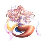 ashishun bead_bracelet beads blue_eyes bracelet breasts cleavage floating_hair full_body high_ponytail highres jewelry large_breasts long_hair melmare mermaid monster_girl pink_hair scales seashell shell smile solo starfish valkyrie_connect 