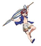 :d arm_up blue_eyes bracelet diving_mask_on_head fire_emblem fire_emblem:_fuuin_no_tsurugi fire_emblem_heroes full_body holding holding_umbrella jacket jewelry kumakosion looking_away male_focus open_clothes open_jacket open_mouth red_hair roy_(fire_emblem) sandals shorts simple_background smile solo swimsuit umbrella weapon white_background 