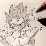  armor black_eyes black_hair dragon_ball dragon_ball_z energy_beam fourth_wall gloves index_finger_raised looking_at_viewer male_focus mechanical_pencil monochrome pencil simple_background solo_focus speech_bubble tkgsize traditional_media translated vegeta 
