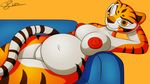  anthro areola belly big_belly big_breasts breasts cat dreamworks feline female fur huge_breasts huge_thighs inverted_nipples j5furry kung_fu_panda looking_at_viewer mammal master_tigress nipples obese overweight penetration pregnant smile solo tiger 