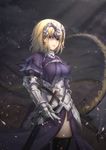  armor armored_dress banner black_legwear blonde_hair breasts capelet chain closed_mouth commentary fate/apocrypha fate_(series) gauntlets head_tilt highres jeanne_d'arc_(fate) jeanne_d'arc_(fate)_(all) large_breasts peachpa purple_eyes sheath sheathed solo standing sword thighhighs weapon 