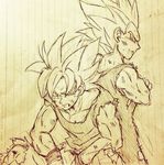  back-to-back between_legs crossed_arms dirty dirty_clothes dragon_ball dragon_ball_z hand_between_legs looking_at_another looking_at_viewer looking_back male_focus monochrome multiple_boys notebook serious short_hair simple_background smile son_gokuu spiked_hair super_saiyan tkgsize vegeta wristband 