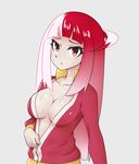  akiba's_trip akiba's_trip_the_animation breasts cleavage drawfag highres jacket long_hair looking_at_viewer mayonaka_matome multicolored_hair naked_track_jacket red_eyes red_hair solo sweat track_jacket unzipping upper_body white_hair 