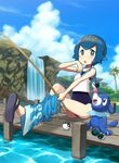  :o alolan_exeggutor alolan_form blue_eyes blue_hair blue_sky cloud covered_navel day dive_ball feet fishing_rod flip-flops full_body gen_7_pokemon hairband highres kamada_issei lake looking_at_viewer one-piece_swimsuit outdoors pants pants_pull pokemon pokemon_(creature) pokemon_(game) pokemon_sm popplio sandals shirt short_hair sky sleeveless sleeveless_shirt soles sparkle suiren_(pokemon) sweatdrop swimsuit swimsuit_under_clothes trial_captain water waterfall 