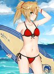  bikini blonde_hair cowboy_shot fate/grand_order fate_(series) front-tie_top green_eyes highres ikashun long_hair looking_at_viewer mordred_(fate)_(all) mordred_(swimsuit_rider)_(fate) ponytail prydwen red_bikini side-tie_bikini solo standing surfboard swimsuit wading water 