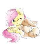  blue_eyes brown_fur eevee equine feathered_wings feathers female feral fluttershy_(mlp) friendship_is_magic fur hair hooves mammal my_little_pony nintendo one_eye_closed paws pegasus pink_hair pok&eacute;mon pridark simple_background smile video_games white_background wings yellow_feathers 