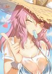  animal_ears ayu_(p1314_win) bikini blue_bikini blush breasts cleavage collarbone day ears_through_headwear fate/extra fate/grand_order fate_(series) food food_in_mouth fox_ears hat heart highres ice large_breasts long_hair looking_at_viewer one_eye_closed outdoors pink_hair see-through shirt solo straw_hat sun_hat swimsuit t-shirt tamamo_(fate)_(all) tamamo_no_mae_(fate) tamamo_no_mae_(swimsuit_lancer)_(fate) wet wet_clothes wet_shirt wet_t-shirt yellow_eyes 