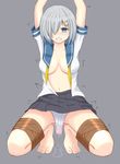  arms_up barefoot bdsm blue_eyes bondage bound breasts clenched_teeth feet grey_background grey_hair hair_ornament hair_over_one_eye hairclip hamakaze_(kantai_collection) kantai_collection looking_down navel no_bra open_clothes open_shirt panties pokokaki pussy_juice school_uniform serafuku shirt short_hair simple_background skirt solo squatting tape tears teeth toes underwear vibrator vibrator_under_clothes vibrator_under_panties white_panties 
