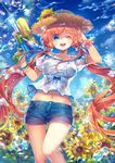  blue_ribbon blush breasts capura_lin collarbone day eyebrows_visible_through_hair flower hat hat_ribbon highres large_breasts long_hair looking_at_viewer navel one_eye_closed open_mouth original pink_hair ribbon short_shorts shorts sky smile solo straw_hat sunflower twintails water_drop water_gun 