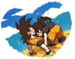  1girl black_hair boots chi-chi_(dragon_ball) chinese_clothes closed_eyes cloud couple day dougi dragon_ball full_body heart hetero hug long_hair looking_at_another nervous nervous_smile open_mouth ponytail short_hair simple_background sky son_gokuu spiked_hair sweatdrop tkgsize white_background wristband 