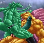  2017 abs anal anal_penetration anthro balls biceps blue_eyes claws clothing cum dark-moltres digital_media_(artwork) dinosaur duo erection humanoid_penis hyper leggings legwear looking_at_viewer male male/male muscular muscular_male nude open_mouth pecs penetration penis scalie sex simple_background smile theropod tongue vein 