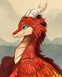  ambiguous_gender detailed_background dragon feathered_dragon feathers feral green_eyes horn pridark red_feathers smile solo 