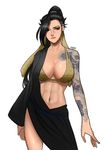  abs arm_tattoo arms_at_sides artist_name asymmetrical_clothes bare_arms bare_shoulders bikini bikini_top black_hair breasts brown_eyes closed_mouth collarbone eyelashes eyeliner eyeshadow fingernails genderswap genderswap_(mtf) hadanugi_dousa hair_ornament hair_ribbon hair_tie hanzo_(overwatch) highres japanese_clothes large_breasts legs_apart long_sleeves makeup mascara navel nose overwatch pink_lips print_bikini ribbon simple_background solo standing stomach strap_gap swimsuit tattoo toned violoxe white_background wide_sleeves yellow_bikini_top yellow_ribbon 