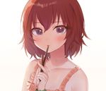  bangs blush brown_hair collarbone commentary_request eyebrows_visible_through_hair grey_eyes hair_between_eyes holding idolmaster idolmaster_cinderella_girls looking_at_viewer manio murakami_tomoe parted_lips short_hair simple_background solo spaghetti_strap upper_body white_background 