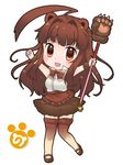  :d alternate_costume animal_ears bear_ears bear_girl bear_paw_hammer bow bowtie brown_eyes brown_hair chibi commentary_request cosplay fang holding kantai_collection kemono_friends kemonomimi_mode ko_yu kodiak_bear_(kemono_friends) kodiak_bear_(kemono_friends)_(cosplay) kuma_(kantai_collection) long_hair looking_at_viewer mary_janes open_mouth shoes simple_background smile solo staff thighhighs trait_connection white_background zettai_ryouiki 
