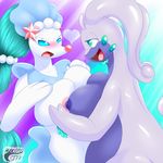  &lt;3 2017 blue_hair blush breast_squish breasts dragon duo female goodra hair makoto177 marine nintendo nipples nude open_mouth pink_nose pok&eacute;mon primarina video_games 