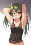  adjusting_hair alternate_costume armpits arms_behind_head black_shirt blush bottomless casual collarbone commentary_request gradient gradient_background green_eyes green_hair groin hair_ribbon highres kantai_collection long_hair looking_at_viewer mouth_hold no_panties ohiya out-of-frame_censoring ribbon shirt simple_background singlet sleeveless sleeveless_shirt solo zuikaku_(kantai_collection) 