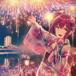  :d alternate_hairstyle aqua_eyes bangs blurry blurry_background clenched_hand commentary_request double_bun fireworks flower hair_flower hair_ornament hand_on_own_chest highres japanese_clothes kanzashi kimono kurosawa_ruby long_sleeves looking_at_viewer love_live! love_live!_sunshine!! obi open_mouth pointing red_hair sash sidelocks siva_(executor) smile solo upper_body wide_sleeves 