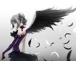  asymmetrical_wings bare_shoulders black_wings detached_collar dress drill_hair elbow_gloves feathered_wings feathers gem gloves gown gradient gradient_background grey_background idolmaster idolmaster_cinderella_girls kanzaki_ranko lipstick long_sleeves looking_down makeup profile purple_dress purple_lipstick red_eyes revision silver_hair smile solo sugi_214 twin_drills twintails upper_body white_background wings 