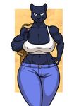  anthro big_breasts black_hair breasts brown_eyes cleavage clothed clothing feline female hair hand_on_hip huge_breasts kostos_art mammal midriff nipple_bulge panther smile solo thong wide_hips 