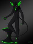  anthro bioluminescence black_fur black_hair canine fur glowing hair hellhound horn inner_ear_fluff male mammal nude piercing radioactive simple_background solo stout_muzzle tongue weapon 
