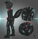  animal_genitalia black_fur blush boots butt canine catsuit_(disambiguation) clothing collar dog footwear fur green_eyes hole_(disambiguation) male mammal masturbation penis rubber rubber_suit sheath shiny tobby_wolf(cubrubber) vinyl young 