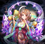  breasts brown_eyes brown_hair candle cleavage copyright_name crystal earrings flower glint hair_flower hair_ornament jewelry looking_at_viewer luck_&amp;_logic medium_breasts nanahoshi_yukari official_art solo standing sweatdrop toshi_gahara wide_sleeves 