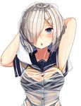  armpit_peek arms_up black_bra blush bra bra_through_clothes breasts bright_pupils grey_eyes hair_ornament hair_over_one_eye hairclip hamakaze_(kantai_collection) kantai_collection looking_at_viewer medium_breasts nose_blush open_mouth plan_(planhaplalan) sailor_collar sailor_shirt see-through shirt short_hair silver_hair simple_background solo towel towel_on_head underwear upper_body wet wet_hair white_background white_pupils 