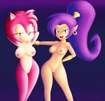  2girls amy_rose animal_ears arm_behind_back arm_up armpits arms_behind_head arms_up artist_name blue_eyes breasts choker collarbone dark_skin earring furry green_eyes hair_ornament hairband highres jewelry large_breasts legs_apart long_hair looking_at_viewer multiple_girls navel nipples nude open_mouth pink_hair pointy_ears ponytail purple_background purple_hair pussy red_benjamin shantae_(character) shantae_(series) short_hair signature simple_background smile sonic_the_hedgehog standing text uncensored 