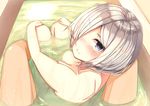  bath bathing blue_eyes blush breasts commentary eyebrows_visible_through_hair from_behind hair_over_one_eye hamakaze_(kantai_collection) kantai_collection looking_at_viewer looking_back medium_breasts nude partially_submerged plan_(planhaplalan) pov short_hair silver_hair sitting solo_focus water 