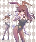  animal_ears breasts brown_hair bunny_day bunny_ears bunny_girl bunny_tail bunnysuit checkered checkered_background cleavage coco_adel commentary_request fake_animal_ears fake_tail iesupa leotard multiple_girls pantyhose rwby small_breasts tail velvet_scarlatina 