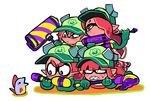  2girls bangs baseball_cap blunt_bangs domino_mask gashi-gashi green_eyes hair_over_one_eye hat inkbrush_(splatoon) inkling jet_squelcher_(splatoon) lifebuoy lying mask multiple_boys multiple_girls on_stomach orange_hair pointy_ears salmon_run salmonid sharp_teeth simple_background smallfry_(splatoon) splat_roller_(splatoon) splatoon_(series) splatoon_2 splattershot_(splatoon) staring teeth tentacle_hair white_background 