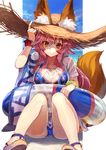  animal_ears bikini bikini_under_clothes blue_bikini blue_sky bracelet brown_eyes closed_mouth day ears_through_headwear fate/grand_order fate_(series) fox_ears fox_tail hair_between_eyes hand_on_headwear hat innertube jewelry knees_up long_hair looking_at_viewer outdoors outside_border pink_hair sandals see-through shirabi shirt sitting sky smile solo straw_hat sun_hat swimsuit tail tamamo_(fate)_(all) tamamo_no_mae_(fate) tamamo_no_mae_(swimsuit_lancer)_(fate) wedge_heels wet wet_clothes wet_shirt 