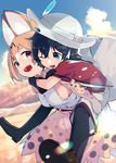  animal_ears backpack bag black_gloves black_hair black_legwear blonde_hair blue_eyes blue_sky blurry breasts carrying cloud commentary_request day depth_of_field gloves grey_hat hair_between_eyes hat hat_feather helmet highres hug hug_from_behind kaban_(kemono_friends) kemono_friends light_particles medium_breasts mizu_asato multiple_girls one_eye_closed open_mouth outdoors pith_helmet print_gloves print_neckwear print_skirt red_shirt ribbon-trimmed_skirt ribbon_trim serval_(kemono_friends) serval_ears serval_print shirt shoes short_hair short_sleeves shorts skirt sky sleeveless sleeveless_shirt standing white_shirt yellow_eyes 