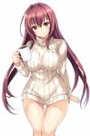  bangs blush breasts coffee_mug commentary_request cup fate/grand_order fate_(series) hair_between_eyes harimoji highres hips holding holding_cup large_breasts legs long_hair looking_at_viewer mug purple_hair red_eyes ribbed_sweater scathach_(fate)_(all) scathach_(fate/grand_order) simple_background smile sweater thighs turtleneck turtleneck_sweater white_background 