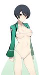  areola_slip areolae arms_at_sides bangs bikini black_hair blush breasts breasts_apart brown_eyes clenched_hands closed_mouth collarbone covered_nipples cropped_jacket eyebrows_visible_through_hair green_jacket groin hair_between_eyes highleg highleg_bikini highres jacket legs_apart long_sleeves looking_at_viewer mahouka_koukou_no_rettousei medium_breasts micro_bikini midriff namidate navel open_clothes open_jacket short_hair simple_background solo standing stomach string_bikini swimsuit underboob watanabe_mari white_background white_bikini 