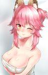  alternate_hairstyle animal_ears blush breast_hold breasts cleavage collarbone commentary_request fate/extra fate/extra_ccc fate/grand_order fate_(series) fox_ears highres large_breasts lips naked_towel nose_blush one_eye_closed pink_hair solo tamamo_(fate)_(all) tamamo_no_mae_(fate) touwa_iyo towel wet yellow_eyes 