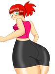  1girl aqua_eyes ass blush chaoschrome looking_at_viewer looking_back medium_breasts ponytail red_hair shirt shorts sleeveless thick_thighs yoga_pants 