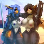  anthro big_breasts bodysuit breasts chococosalo choker clothed clothing duo female fish gun looking_at_viewer marine nipples notched_ear open_shirt ranged_weapon rifle shark skinsuit smile thick_thighs tight_clothing weapon wide_hips 