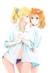  10s 2girls ass ayase_eli bangs bare_legs blonde_hair blue_eyes blue_panties blue_scrunchie blush clenched_hands closed_mouth collarbone collared_shirt commentary_request couple embarrassed eyes_closed female friends hair_between_eyes hair_scrunchie hands hands_up highres hug incipient_kiss kousaka_honoka legs looking_at_viewer looking_back looking_to_the_side love_live! love_live!_school_idol_project midriff multiple_girls navel neck one_side_up open_clothes open_shirt orange_hair panties ponytail purple_panties ribbon school_uniform scrunchie shiny shiny_hair shirt short_hair short_hair_with_long_locks short_sleeves shy simple_background smile standing surufuji traditional_media unbuttoned wavy_mouth white_background white_shirt wrist_grab yellow_ribbon yuri 