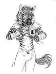  2011 anthro arm_wraps biped black_and_white caribou_(artist) clothed clothing equine football_player front_view fur hair long_hair looking_at_viewer male mammal monochrome navel pants pencil_(artwork) portrait shoulder_pads signature simple_background snout solo standing striped_fur stripes stripes_(character) three-quarter_portrait traditional_media_(artwork) white_background wraps zebra 