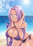  :o bad_id bad_pixiv_id bare_shoulders beach bikini braid breasts cleavage cloud day fate_(series) glasses large_breasts long_hair looking_at_viewer parted_lips purple_bikini purple_eyes purple_hair rider side-tie_bikini solo sun swimsuit very_long_hair zanku 