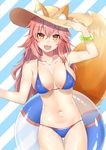  :d absurdres animal_ears arm_up atora bangs bikini blue_bikini blush bracelet breasts brown_eyes collarbone commentary_request cowboy_shot ears_through_headwear eyebrows_visible_through_hair fang fate/grand_order fate_(series) fox_ears fox_print fox_tail hair_between_eyes hand_up hat highres innertube jewelry large_breasts long_hair looking_at_viewer messy_hair navel open_mouth pink_hair sidelocks smile solo striped striped_background sun_hat swimsuit tail tamamo_(fate)_(all) tamamo_no_mae_(fate) tamamo_no_mae_(swimsuit_lancer)_(fate) 